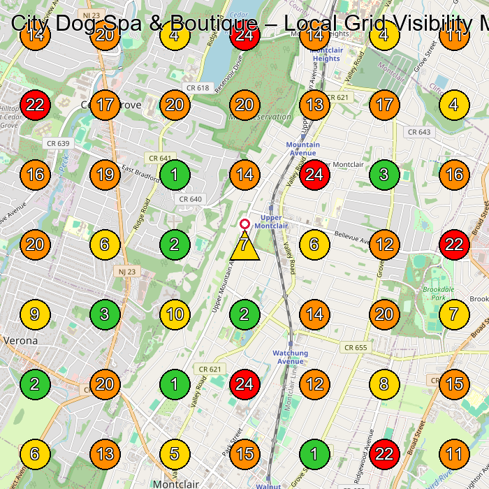 City Dog Spa & Boutique Pet Groomer GeoGrid ranking map for Upper Montclair NJ